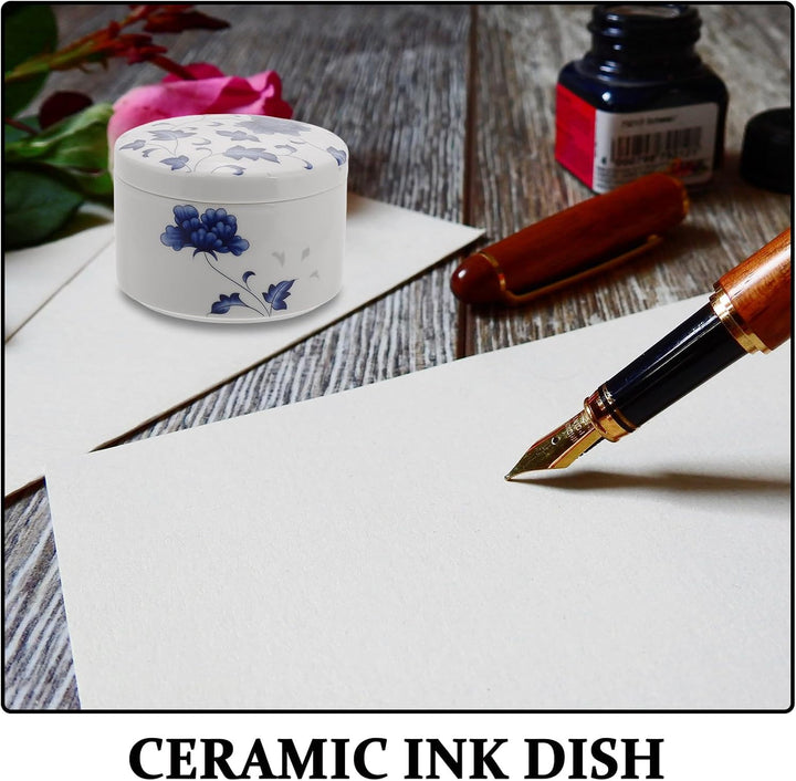 Blau Weisse Keramik Tintenschale mit Deckel Rundes Ink Well aus Keramik Verhindert Trocknen der Tint