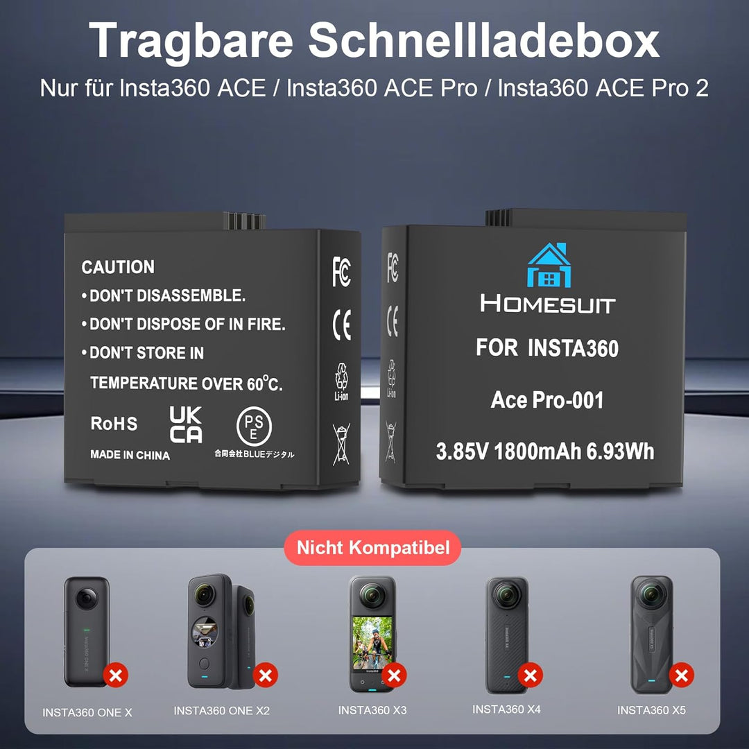 Homesuit Insta 360 Ace Pro 2 Akku 1800mAh &amp; Dual LCD Tragbares Schnellladegerät Kit Kompatibel mit I