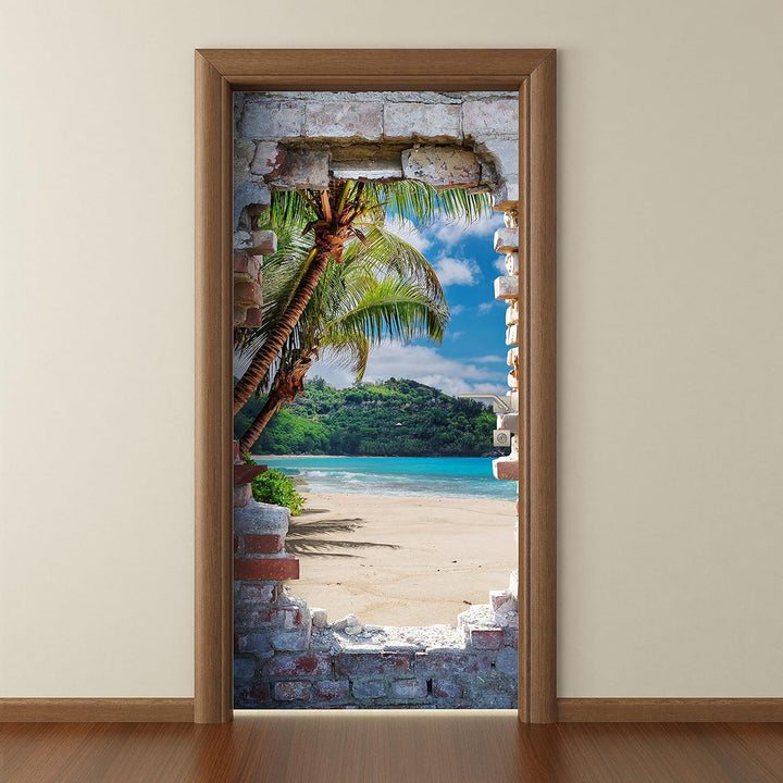 wandmotiv24 Türtapete 3D Steinwand, Paradies, Meer, Strand 90 x 200cm (B x H) - Dekorfolie selbstkle