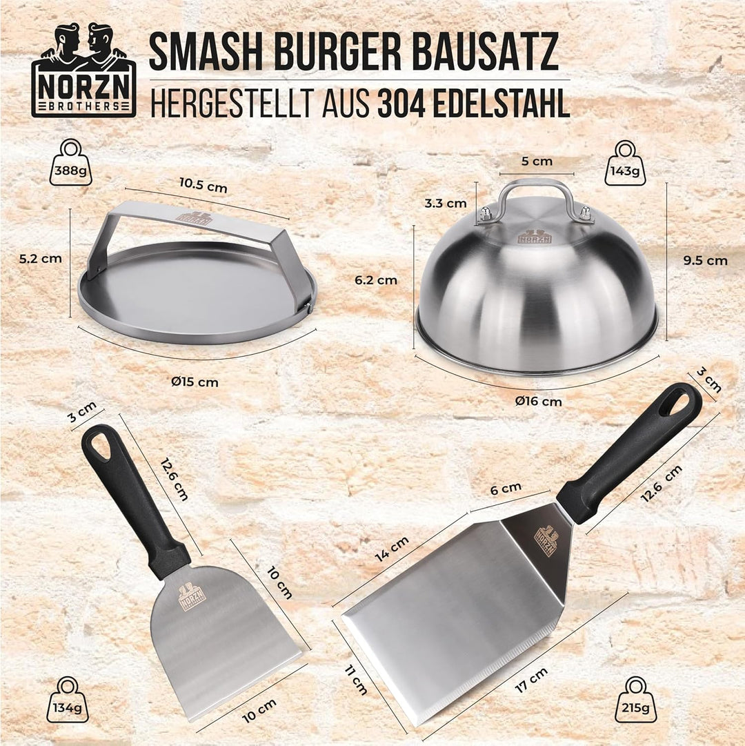 Smash Burger Set – Burger Smasher Set inkl. Hamburgerpresse, Burgerglocke Edelstahl 304, Grillspacht