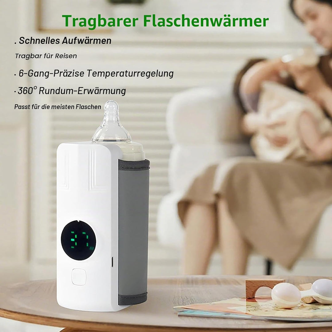 Flaschenwärmer Baby – Tragbarer Babyflaschen-Wärmer Unterwegs, 6000mAh Akku, 6 Temperaturstufen, LCD