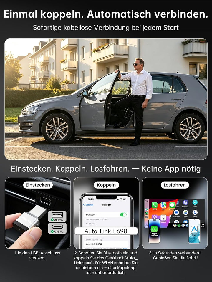 Wireless CarPlay &amp; Android Auto Adapter, Kabelgebundenes CarPlay &amp; Android Auto kabellos, Auto-Recon