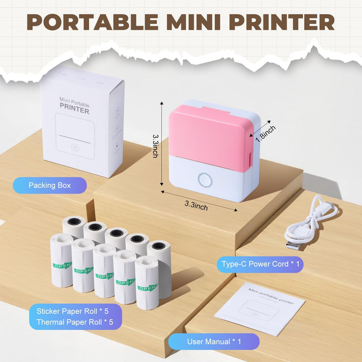 PRAOAHEI Mini Drucker, Tragbarer Fotodrucker mit 10 Rollen Druckerpapier, Bluetooth-Etikettendrucker