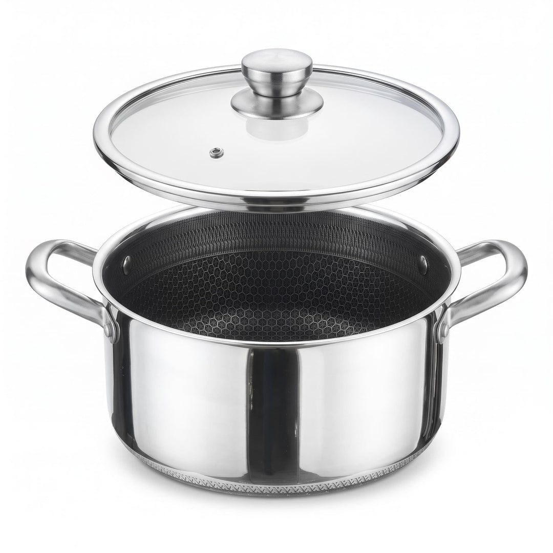 Kochtopf Ø28 cm aus Edelstahl mit Glasdeckel 6 L Induktion Topf Antihaft Wabenstruktur Fleischtopf S