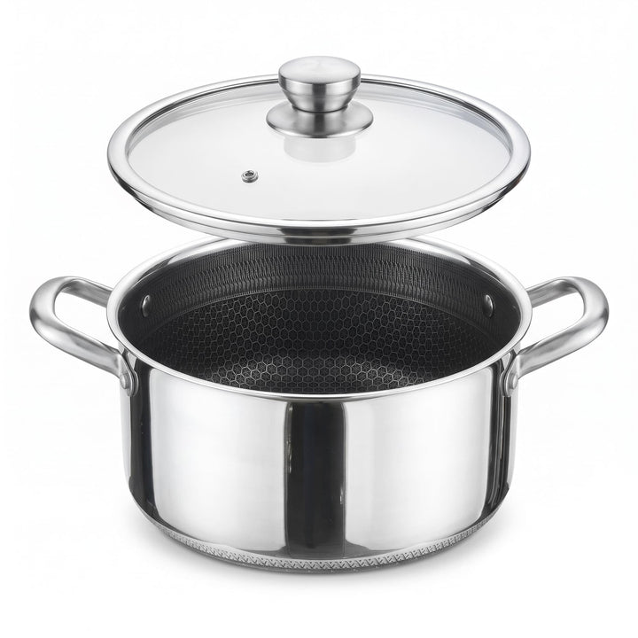 Kochtopf Ø28 cm aus Edelstahl mit Glasdeckel 6 L Induktion Topf Antihaft Wabenstruktur Fleischtopf S
