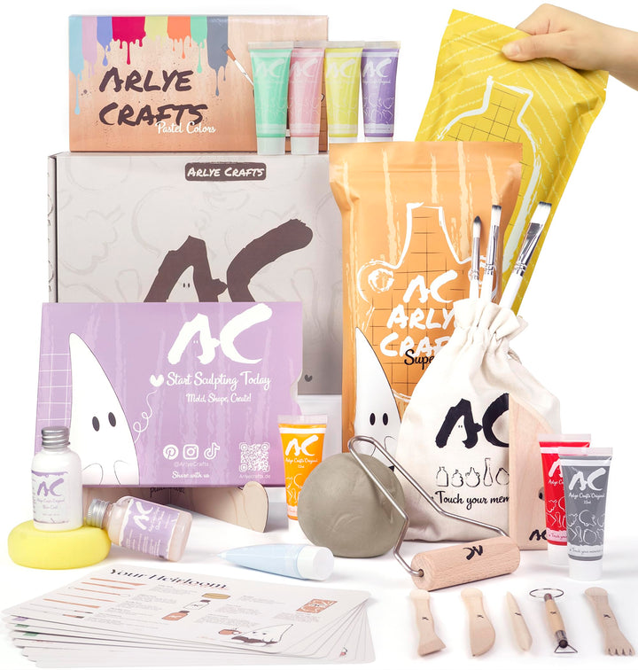Töpferset für Zuhause ohne Brennen – 2 kg lufttrocknender Ton mit Acrylfarben Set, Werkzeug & Anleit
