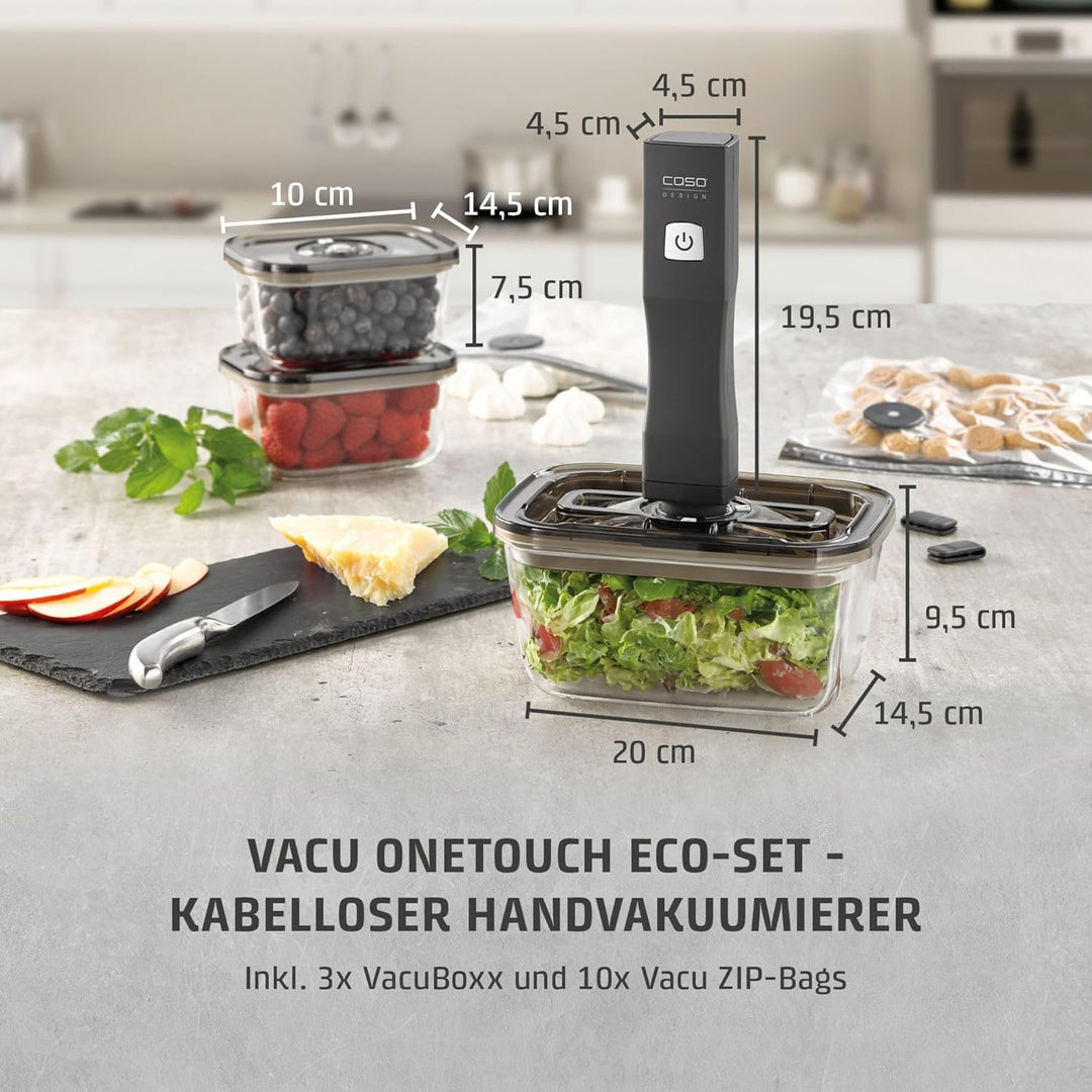 CASO Vacu OneTouch Eco-Set, Handvakuumierer inkl. 3 Vakuumbehälter aus Glas, 10 ZIP-Beutel und Food