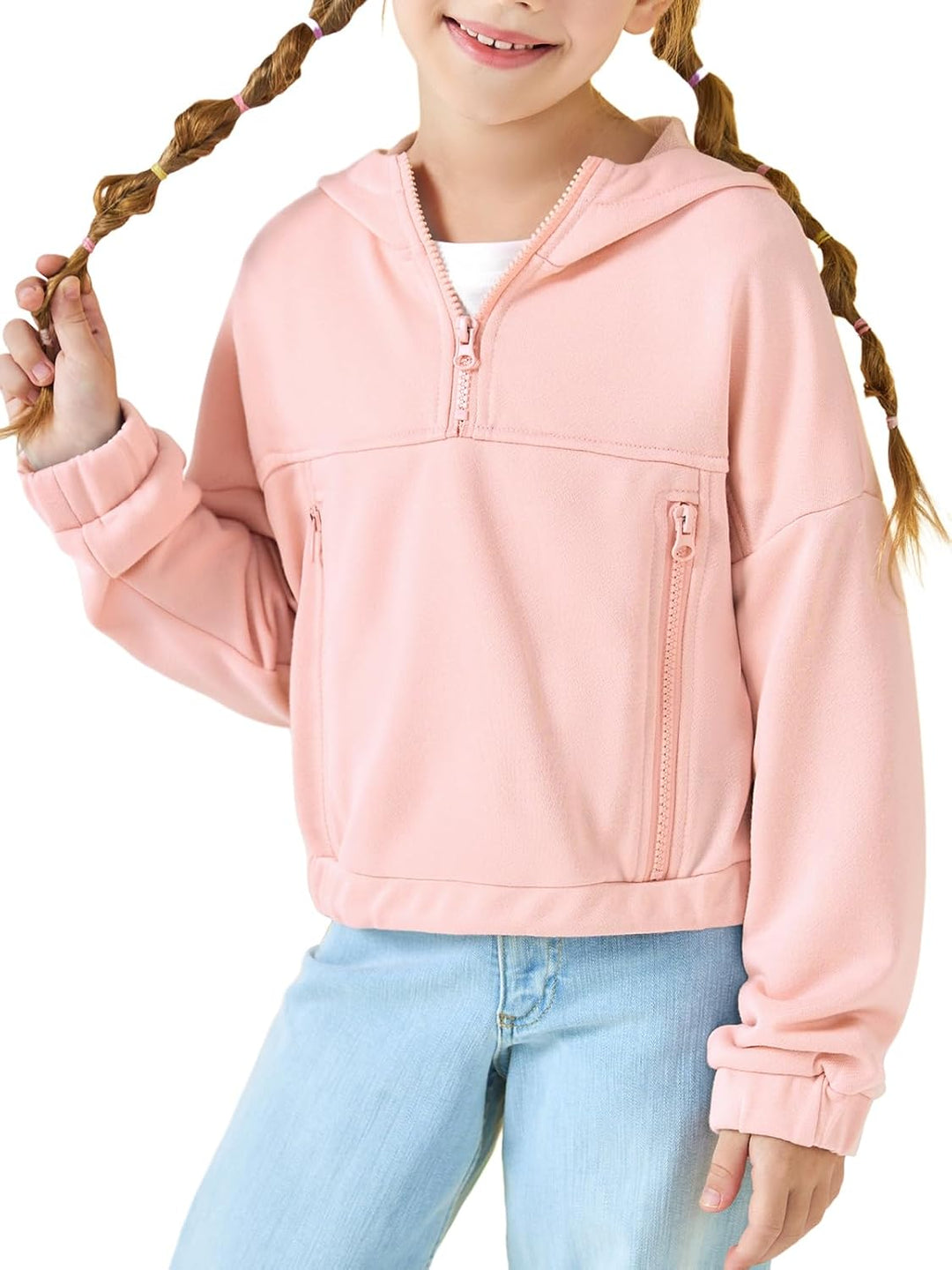 Haloumoning Mädchen Hälfte Zip Up Hoodies Kinder Mode lose Hooded Sweatshirts mit Taschen 3-14 Jahre