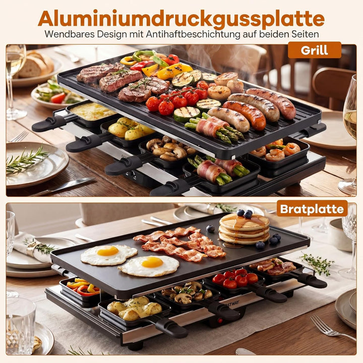 COSTWAY Raclette Grill für 8 Personen, elektrischer Grill mit 2-in-1 wendbarer Antihaft-Grillplatte
