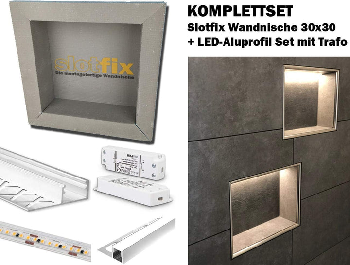 Wandnische + LED Beleuchtung Set - befliesbare Wandnische 30x30x10cm + LED-Kit | Duschablage beleuch