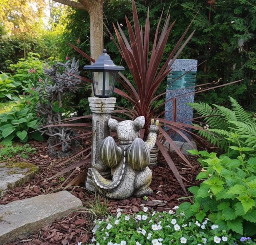 Kremers Schatzkiste Gartenfigur Drachenkind Peacezeichen mit Solar Laterne Drache Figur Gargoyle
