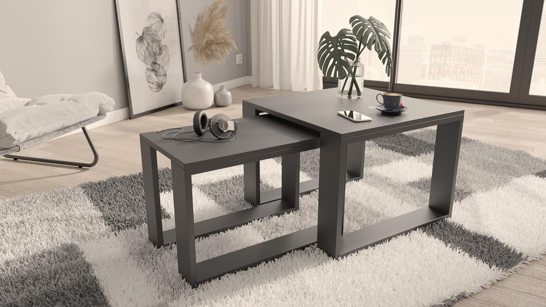 MATKAM Satztisch 2er Set, Couchtisch im Industrie-Stil, hoher Beistelltisch B60 x T60 x H43,3 cm, ni