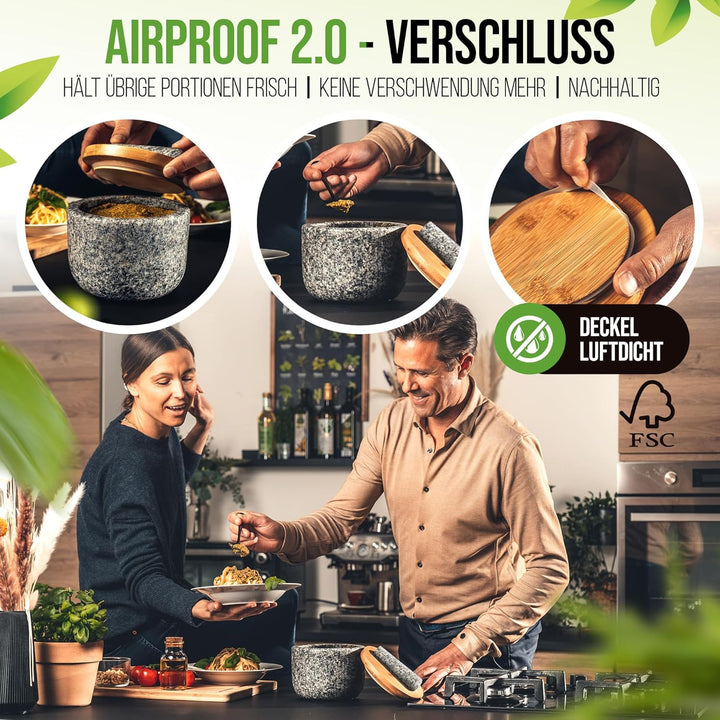 NATURSCHMIED Mörser mit Stössel & Deckel - AirProof 2.0 Verschluss + SolidStand Pad | 750 ml - Hellg
