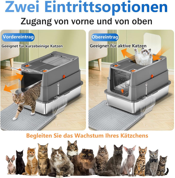 Edelstahl Katzenklo mit Deckel, 155° Klappdeckel XL Katzentoilette, Geschlossene Metall-Klobox inkl.