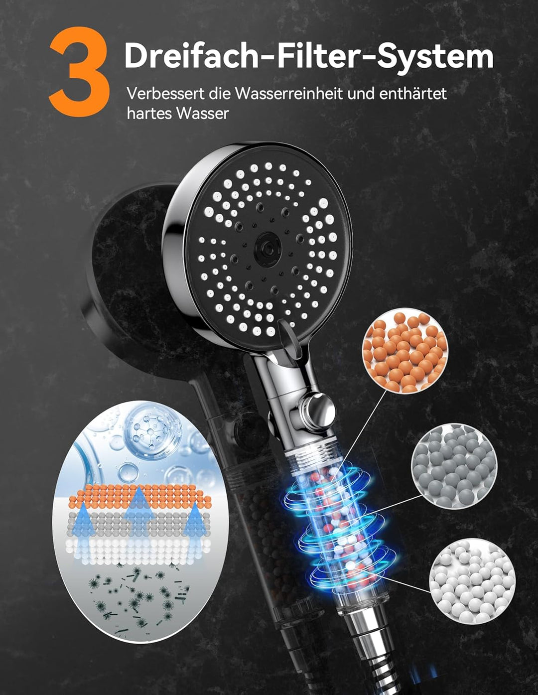 VOXON Duschkopf mit Schlauch 1.5M, Wassersparender Duschkopf mit Filter und 6 Strahlarten & Stoppfun