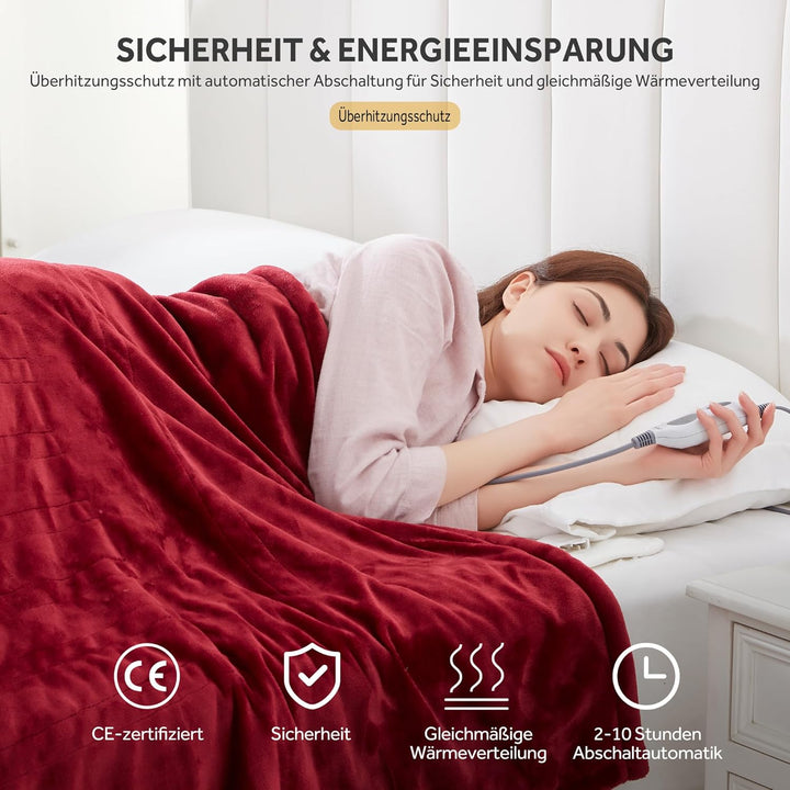 Elektrische Heizdecke, Flanell, 130 x 180 cm, 6 Temperaturstufen, 1-10 Stunden, automatische Abschal