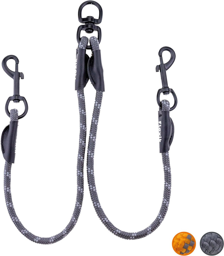 Floxik Tau Doppelleine für 2 Hunde grau/orange - reflektierend, dehnbar und verhedderungsfrei – Dopp