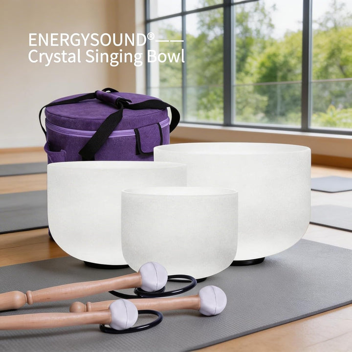 Energysound Perfect Pitch Chakra Singing Bowls 432Hz 11" D 9" F 7" B Frosted Quartz Crystal Singing