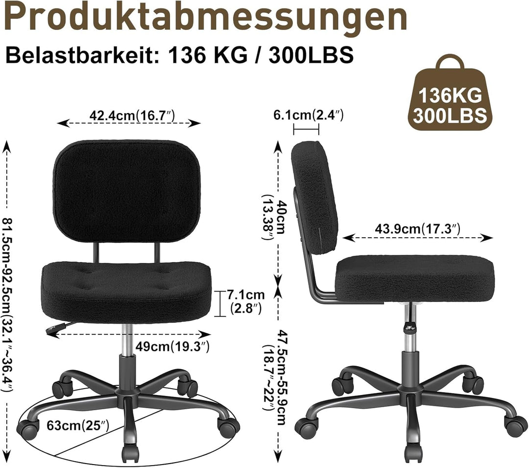 AnyGod Schreibtischstuhl ohne Armlehne, Kompakter Drehstuhl mit Rollen & Höhenverstellbar, Ergonomis