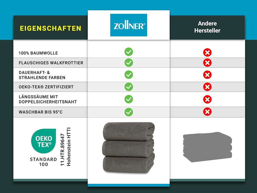 ZOLLNER 3er Set Handtücher gross, Duschtücher, 70x140 cm, Baumwolle, Taupe, Taupe