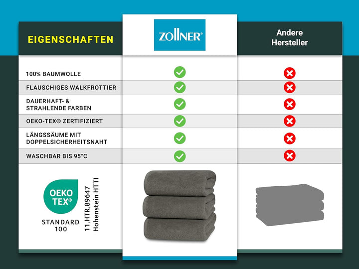 ZOLLNER 3er Set Handtücher gross, Duschtücher, 70x140 cm, Baumwolle, Taupe, Taupe