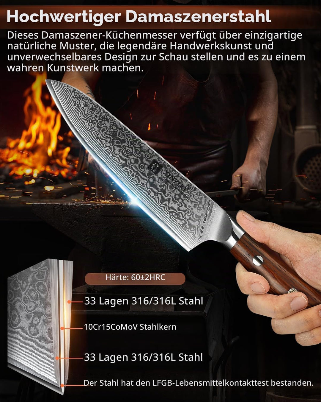 XINZUO Damaststahl Allzweckmesser 13.3cm, Profi Universalmesser Kochmesser Handgeschmiedet Obstmesse