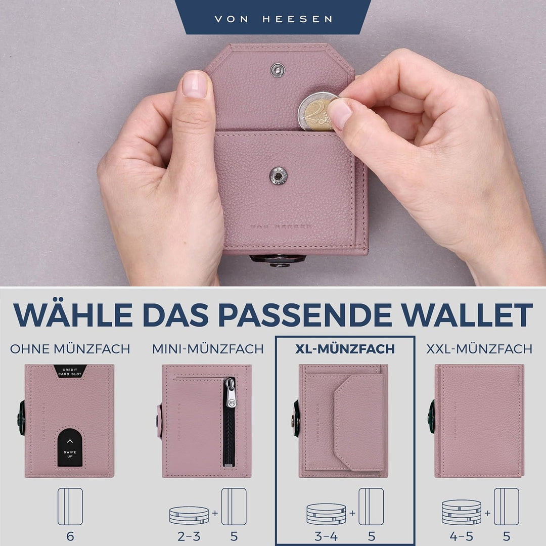 VON HEESEN Slim Wallet mit XL Münzfach & RFID Schutz - Leder Geldbörse Herren klein - Mini Geldbeute