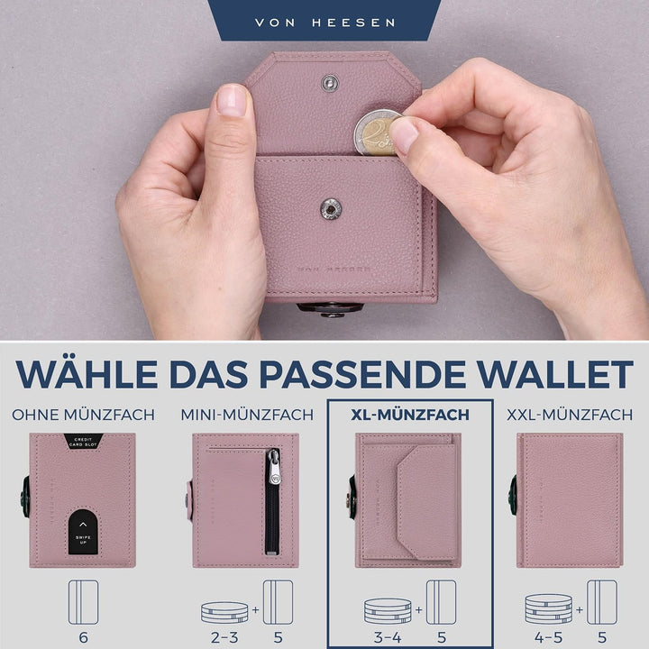 VON HEESEN Slim Wallet mit XL Münzfach & RFID Schutz - Leder Geldbörse Herren klein - Mini Geldbeute