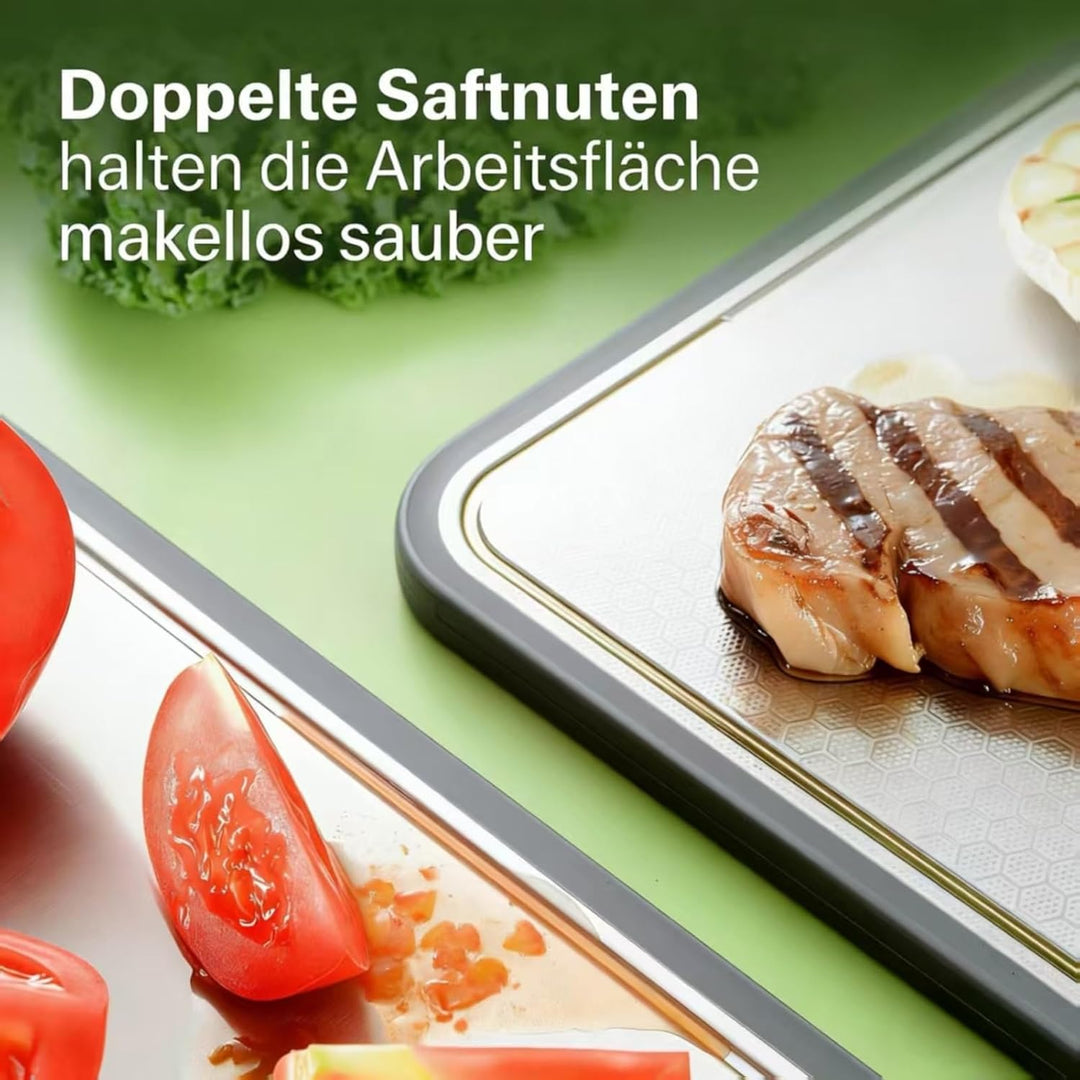 Doppelseitiges Edelstahl-Schneidebrett für die Küche, rostfreies Cutting Board mit Saftnut auf beide