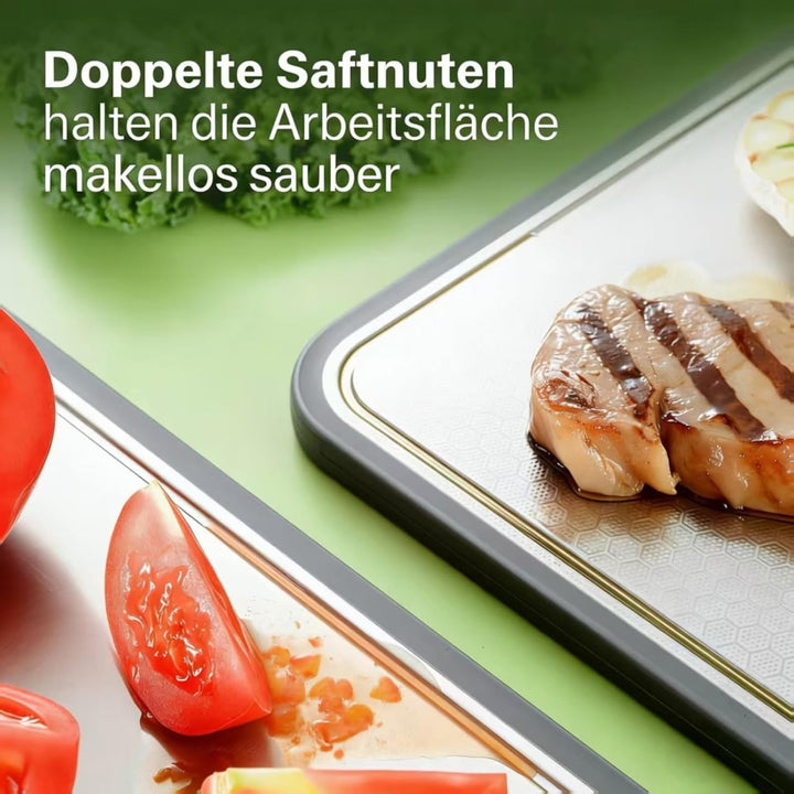 Doppelseitiges Edelstahl-Schneidebrett für die Küche, rostfreies Cutting Board mit Saftnut auf beide
