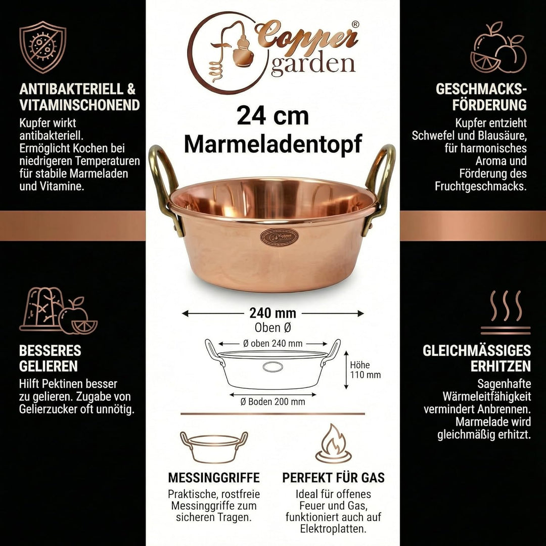 CopperGarden Sossen- & Marmeladentopf 3 Liter I Kochtopf aus Kupfer mit 24 cm Durchmesser I grosser
