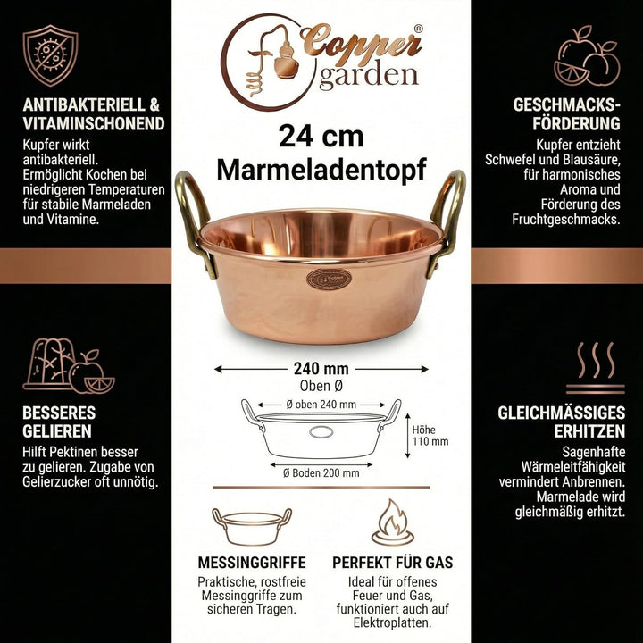 CopperGarden Sossen- & Marmeladentopf 3 Liter I Kochtopf aus Kupfer mit 24 cm Durchmesser I grosser