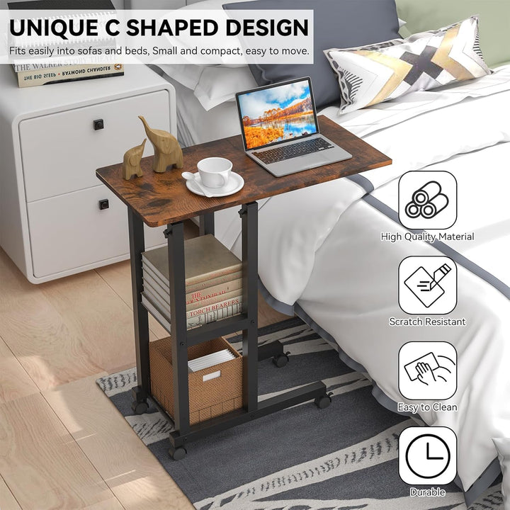 PIPIPOXER Beistelltisch mit Rollen, 60cm x 30 cm Sofatisch mit Rollen, Laptoptisch Höhenverstellbar