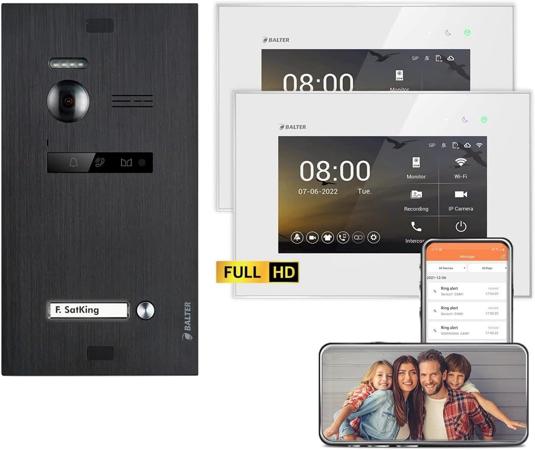 Balter EVO HD Schwarz/Weiss WiFi Video Türsprechanlage Set für 1 Familienhaus (1x Türstation mit Ful