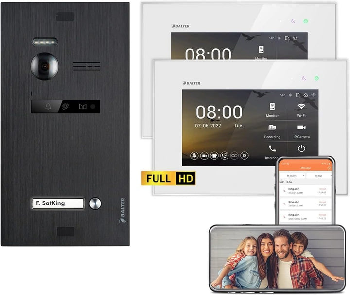 Balter EVO HD Schwarz/Weiss WiFi Video Türsprechanlage Set für 1 Familienhaus (1x Türstation mit Ful