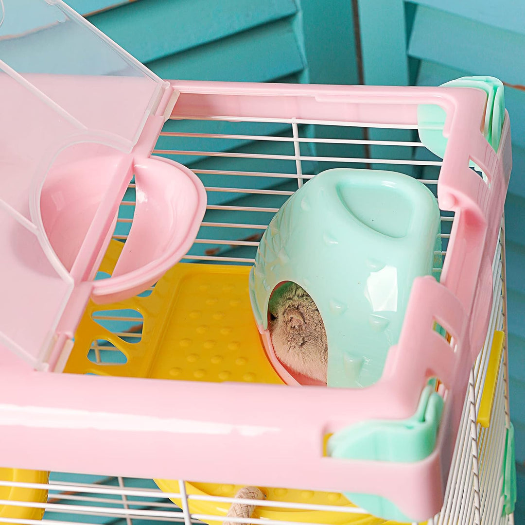 Käfig für Hamster, Roborowski, Käfig für Hamster, 27.7 * 20.5 * 42.5cm, 2 Etagen, mit Rad, Trinknapf