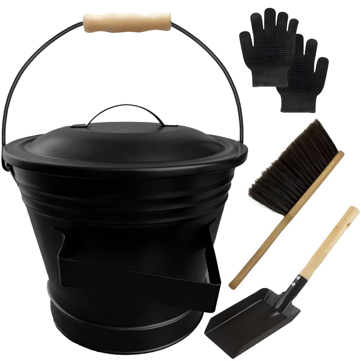 Ascheeimer mit Deckel, 6L Eimer mit Deckel, Handbesen, Schaufel&amp; Handschuhen, Auslaufsicher, Schwarz