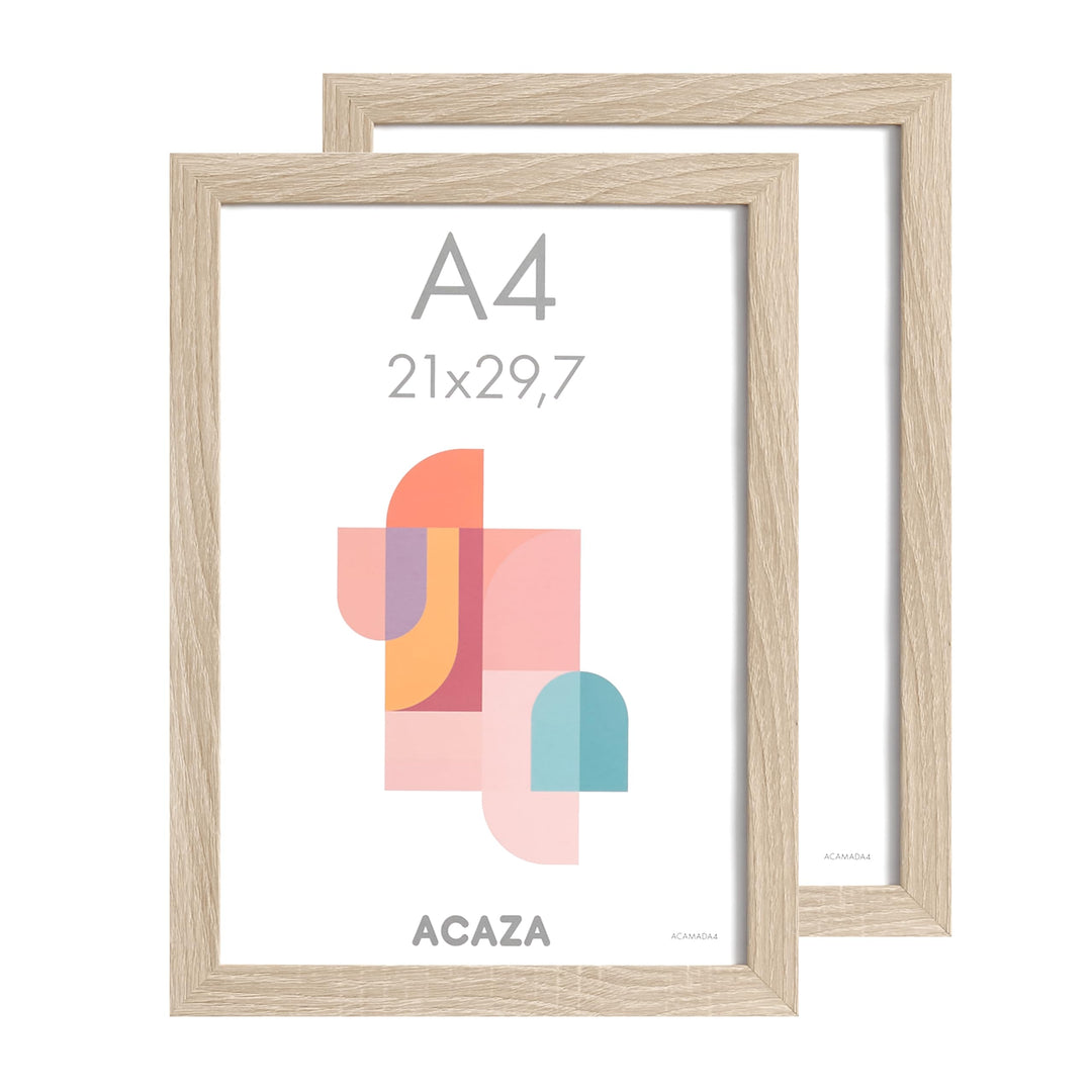 ACAZA A4 Bilderrahmen 21x29,7 cm 2-er Set Eiche hell, MDF Holz mit bruchsicherem Acrylglas, für Phot