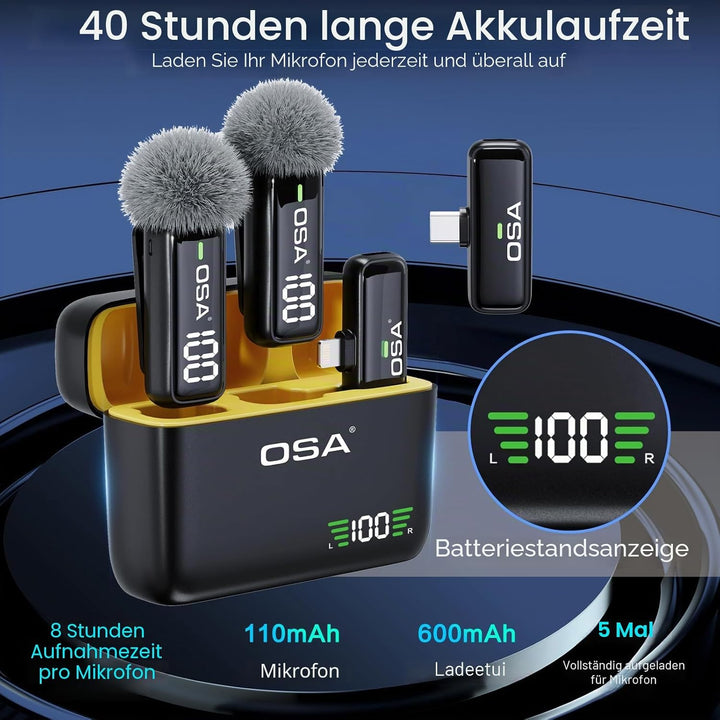 OSA Lavalier Mikrofon für Telefon mit Ladehülle und Transmitter Digitalanzeige - 2er Set, für iPhone