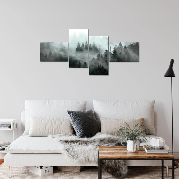 Runa Art Bild Modern Wald Natur - Made in Germany - Wandbilder Panorama Türkis Grau 4 Teilig 032342b