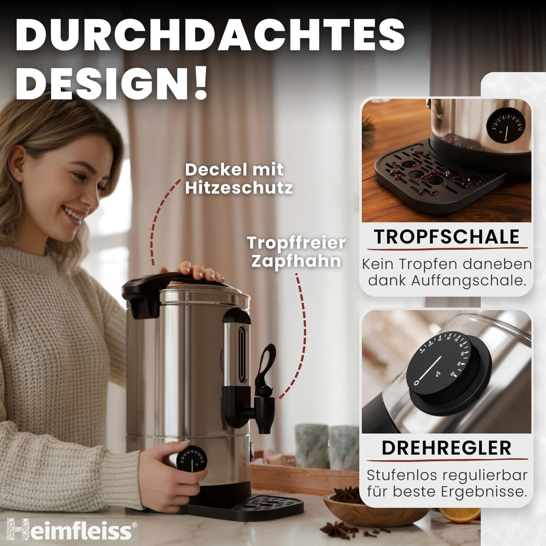 Heimfleiss® Glühweinkocher 6,8L aus Edelstahl | 1500W Einkochautomat für Glühwein, Punsch & Wasser |