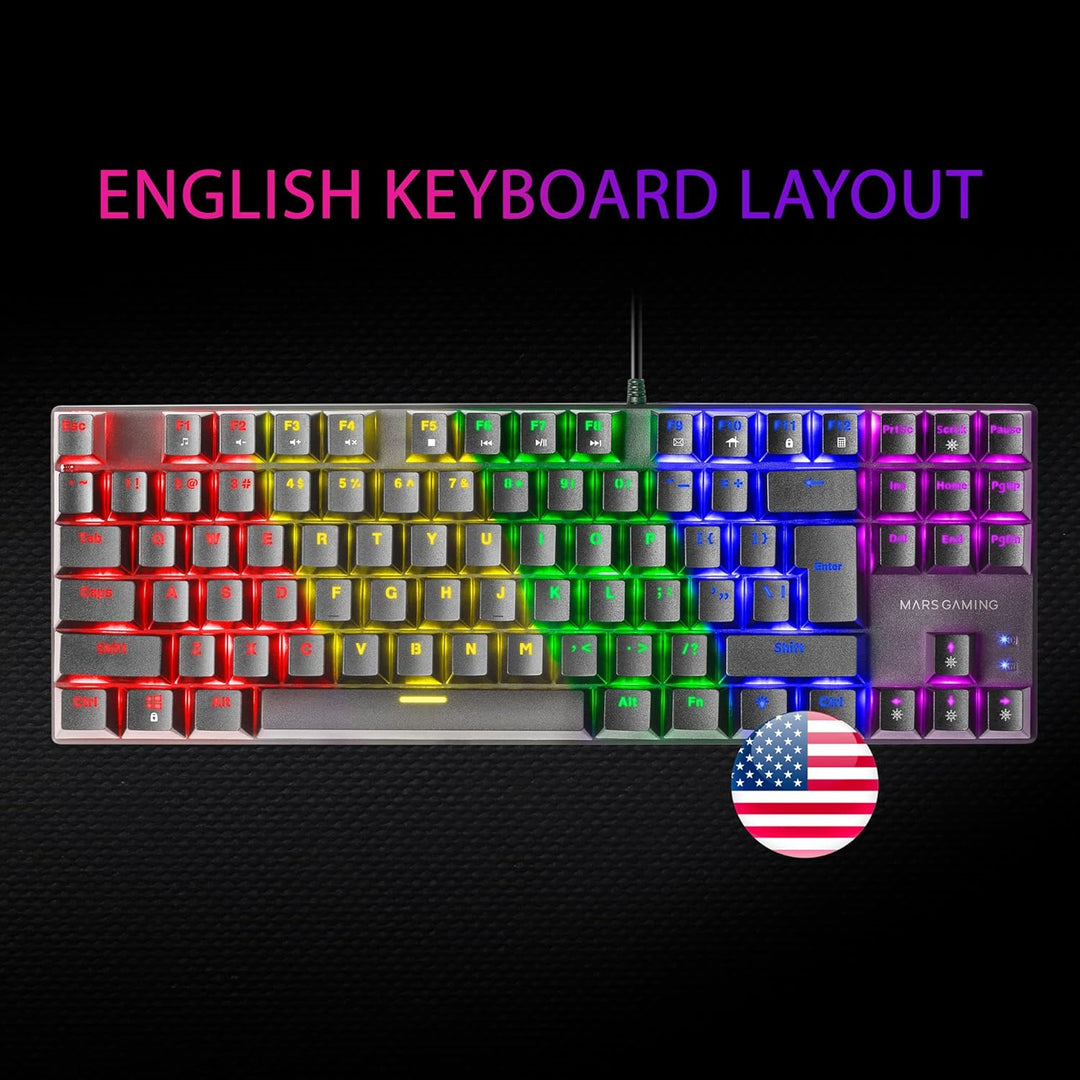 Mars Gaming MK80 Schwarz, US Sprache, Mechanische Gaming Tastatur TKL FRGB, Antighosting, Switch Mec