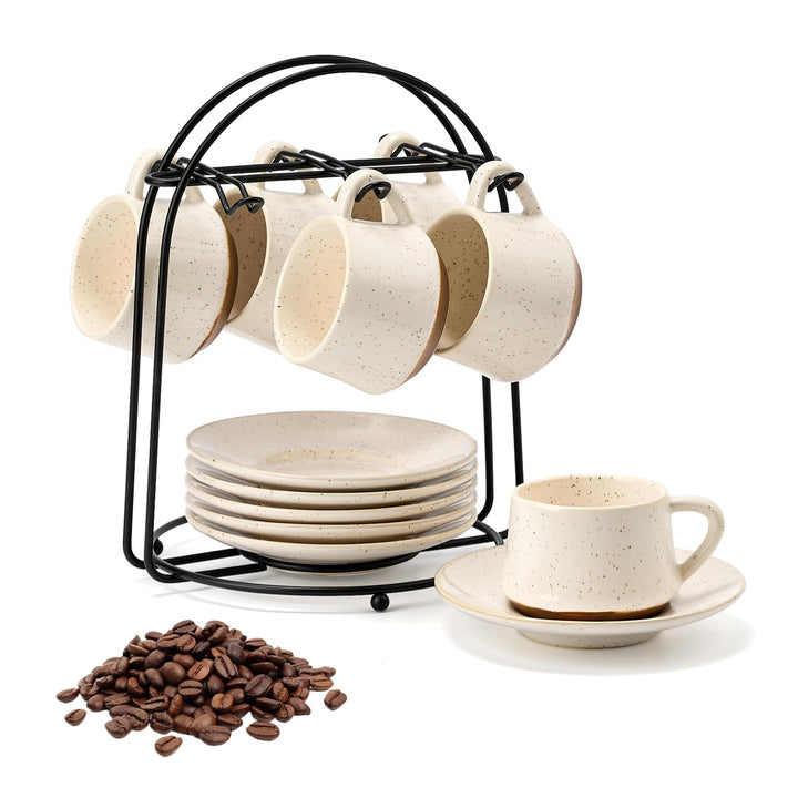 PORCER 6×130 ml (4,4 oz) Keramik-Kaffeetasse und Untertasse mit schwarzem Metallständer, stapelbare