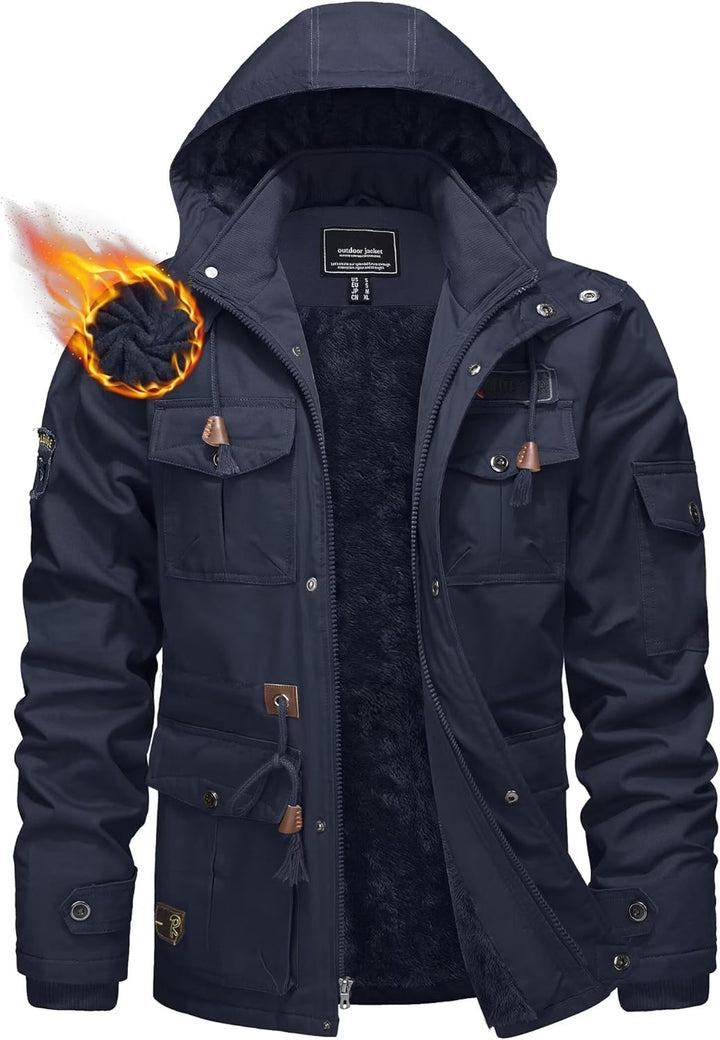 KEFITEVD Winterparka Herren Fleece Gefüttert Winterjacke mit Viele Taschen Kapuze Warm Winter Mantel