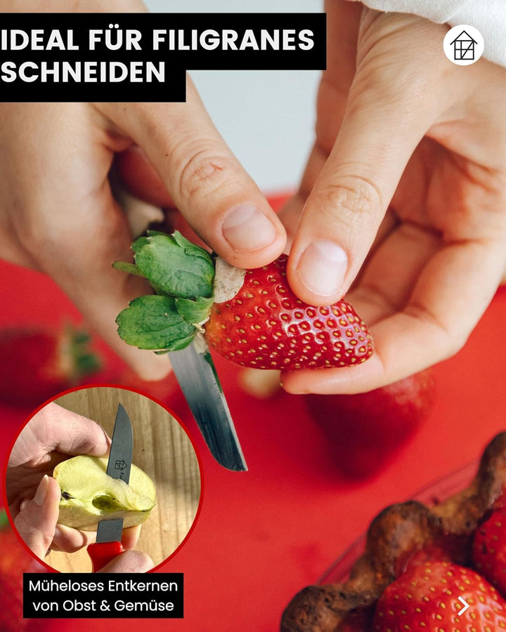 Fachwerk Gemüsemesser 4er Set – Küchenmesser aus Solingen, 7,5cm Klinge, 2x rot & 2x schwarz – schar