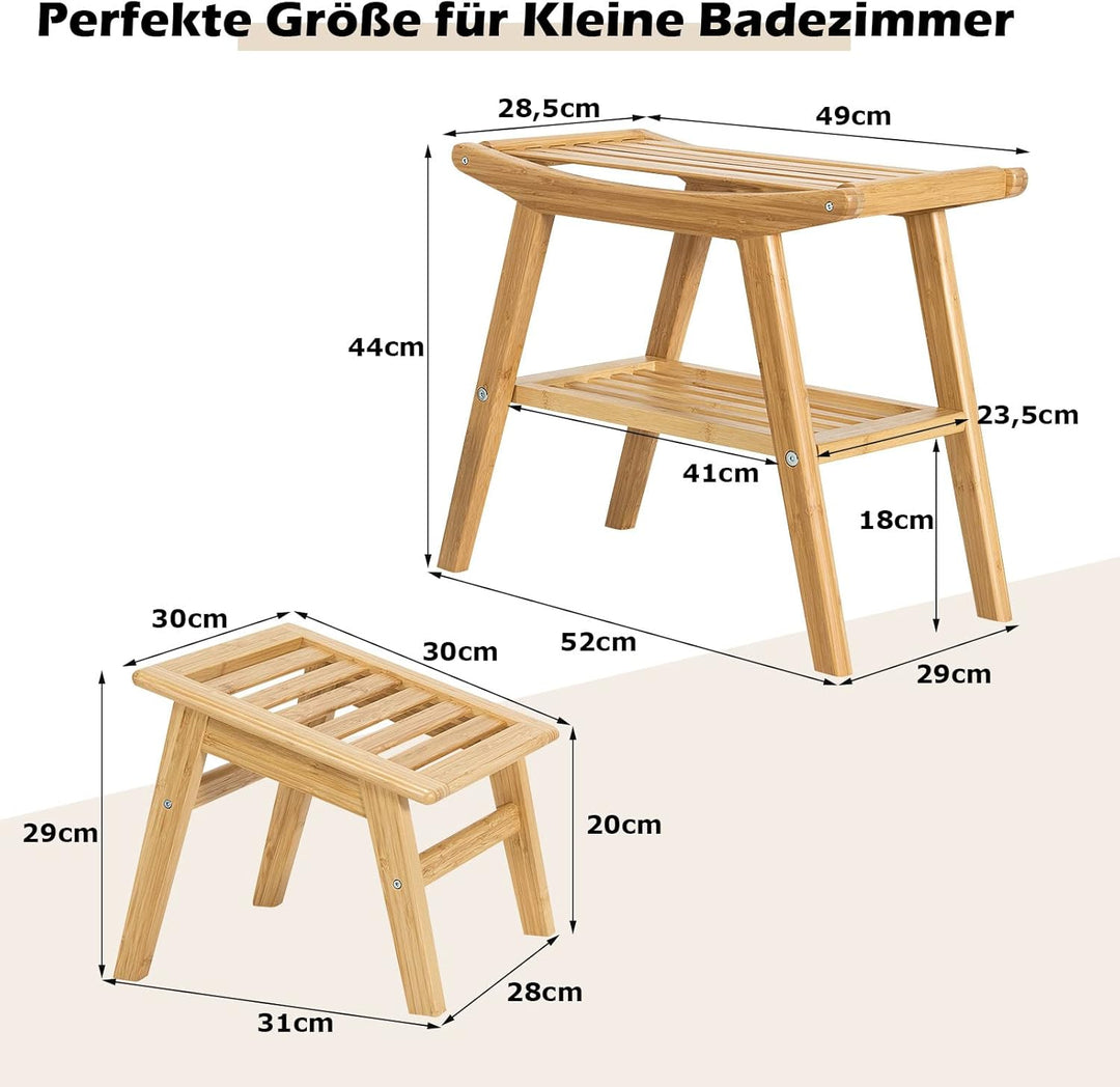 COSTWAY Duschbank mit Fusshocker, Duschhocker aus Bambus mit Ablagefach, Badhocker bis 150 kg belast