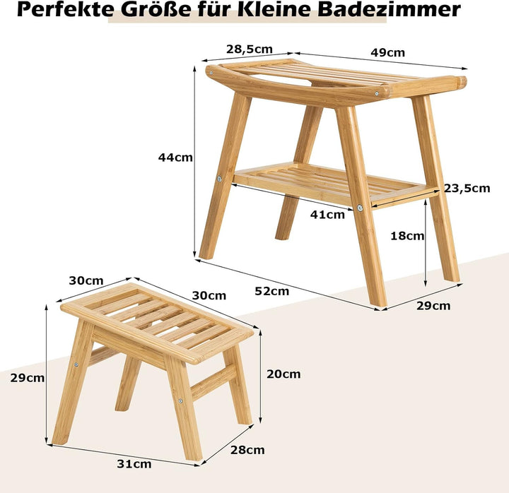 COSTWAY Duschbank mit Fusshocker, Duschhocker aus Bambus mit Ablagefach, Badhocker bis 150 kg belast