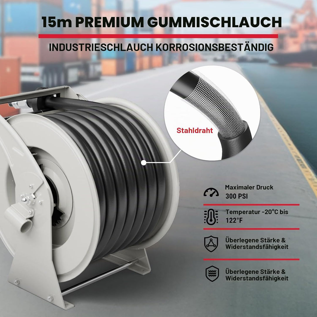 Schlauchtrommel 25 mm x 15 m einziehbar Kraftstoffschlauchtrommel, 300 PSI robuste Stahlkonstruktion
