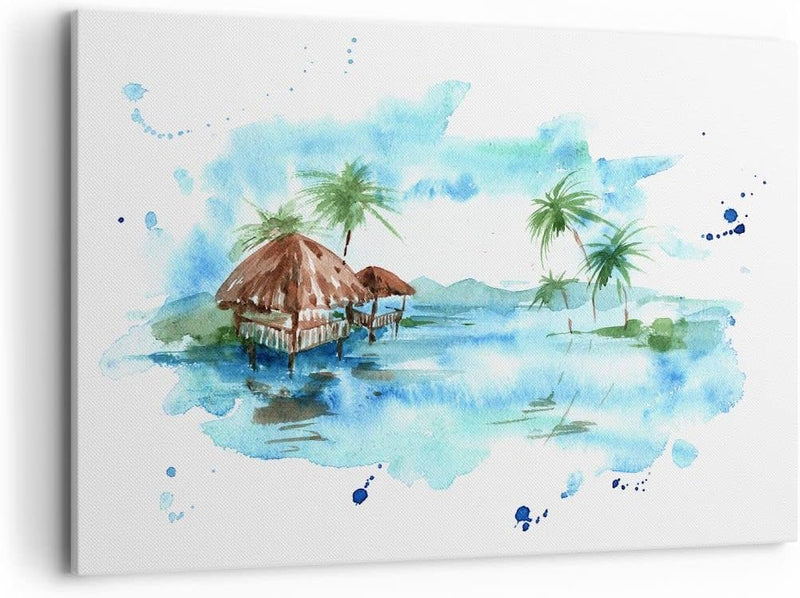 Bilder auf Leinwand 100x70cm Leinwandbild Tropen Wasser Bungalow Ufer Gross Wanddeko Bild Schlafzimm