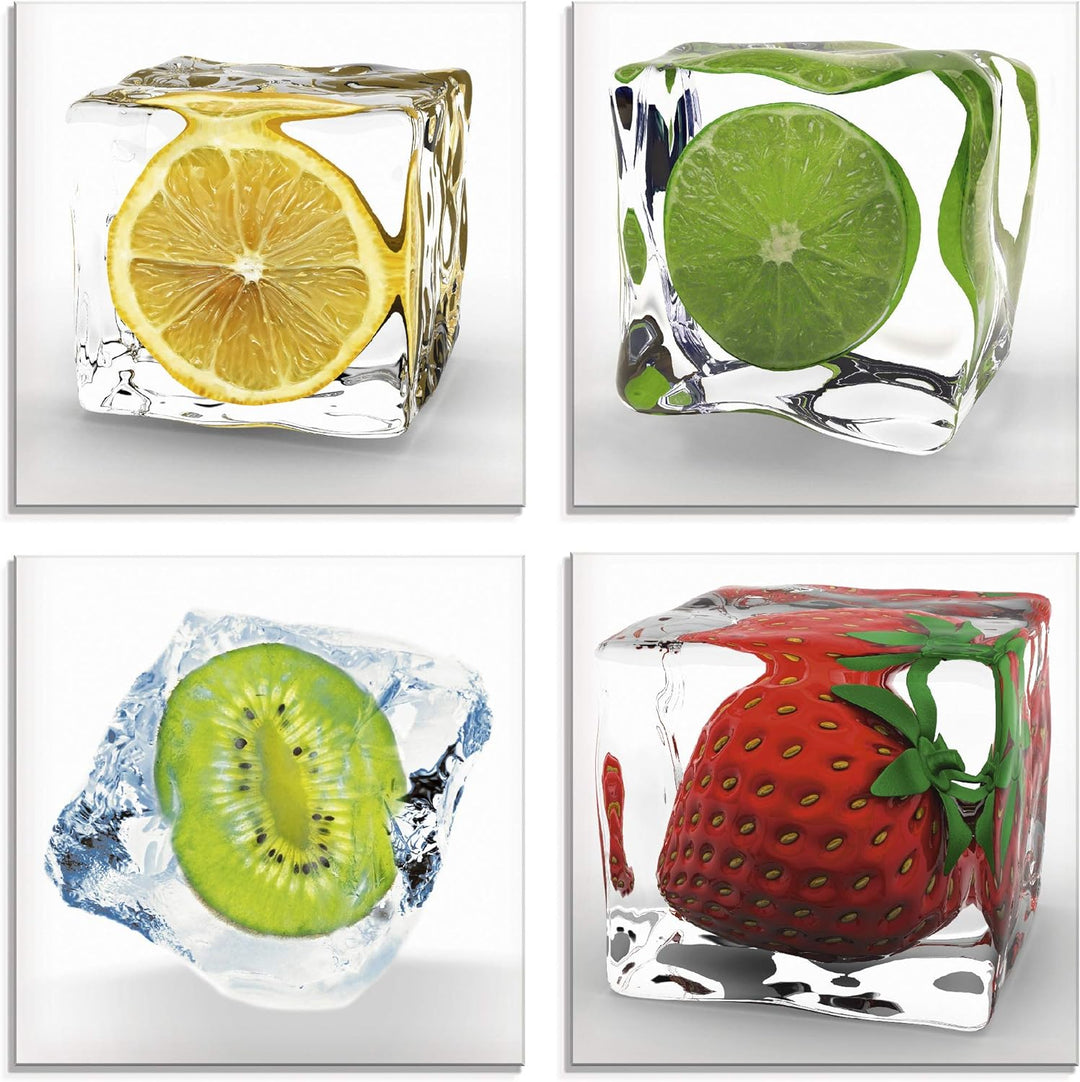 ARTland Glasbilder Wandbild Glas Bild Set 4 teilig je 40x40 cm Quadratisch Früchte im Eiswürfel Obst